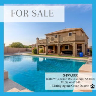 4 Bed/2.5 Bath​​​​​​​​​THIS IS A MUST SEE!! This 4 bedroom 2.5 bathroom 2 car garage sits nicely on a huge almost 1/2 acre lot with a beautiful 45'x20' pool 10 1/2 feet deep. The kitchen has been completely remodeled and upgraded with European style cabinets and quartz countertops, also USB outlets strategically placed. Tile and hardwood flooring throughout with all the bedrooms upstairs and huge great room downstairs. You'll enjoy relaxing on the balcony right outside the master suite. Plenty of room to add an RV gate and park the RV and toys. The backyard is an entertainers paradise with an oversized covered patio, beautiful pool and jacuzzi. Don't let this immaculate, well maintained home get away! You deserve the best and this is it. Property is near an Air force base. Buyer do own due diligence.#elmirageforsale #elmiragerealestate #azrealestate #azrealtor #azforsale